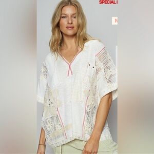 New: POL Crochet & Lace Flower White Beige Boho Hooded Short Sleeve Top• Small